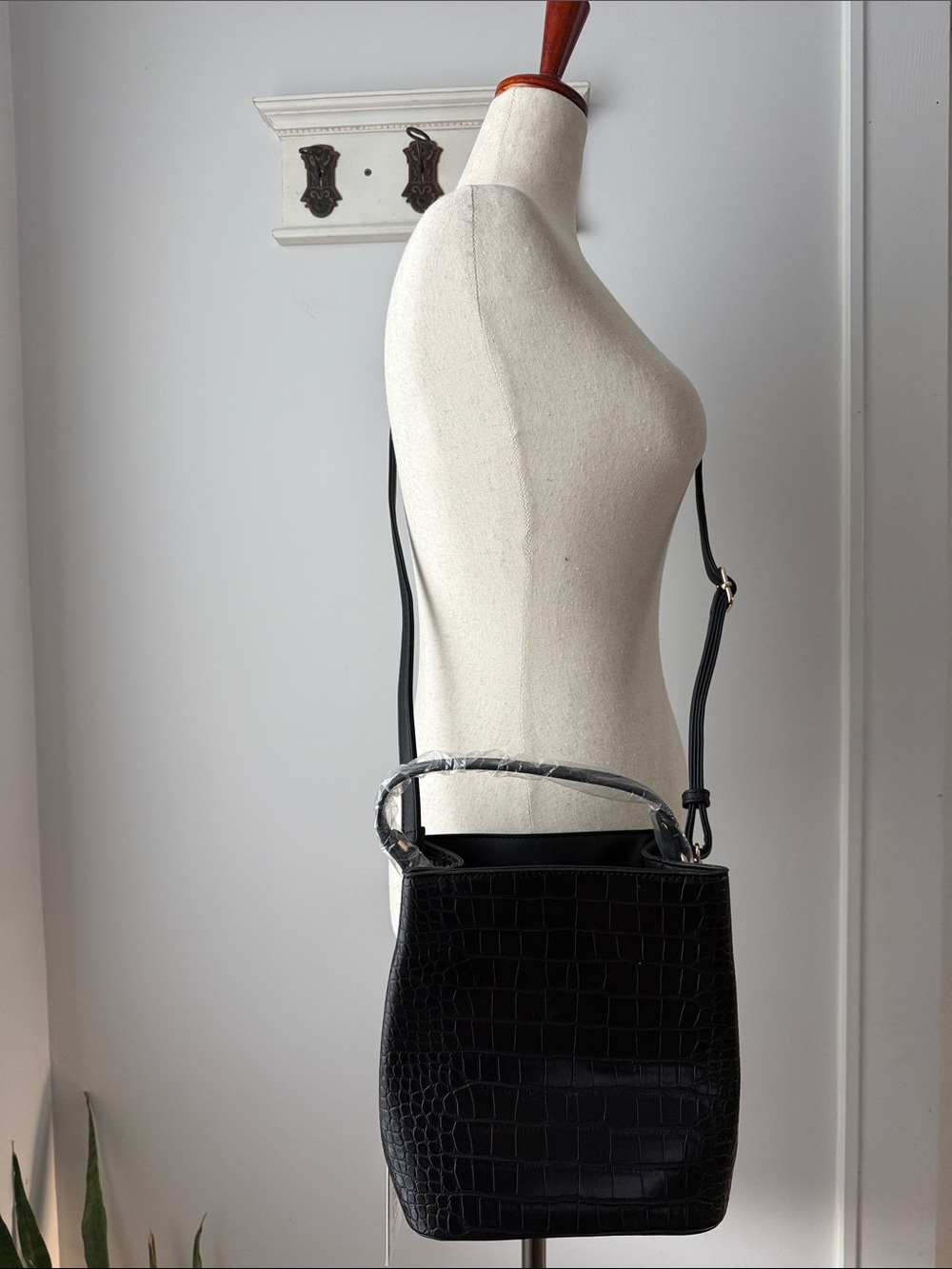 AOTA Black Crossbody Bag Croc-Embossed Top Handle Vegan Faux Leather Classy